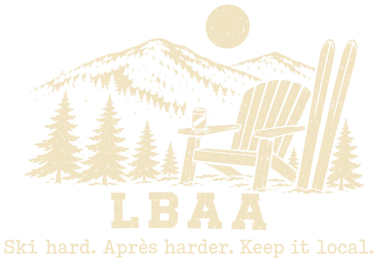 LBAA mountains, Adirondack chair, beer can and skis